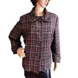 Chicos Womens Plaid Tweed Blazer Jacket Size 16 Black Burgundy